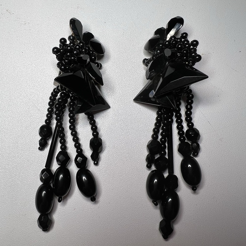 Vtg Clip On‎ Black Bead Dangle Tassel Earrings Faceted Crystals Teardrop Stones